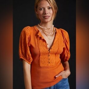 Pilcro Bella Henley Anthropologie Puff Sleeve Pullover Blouse